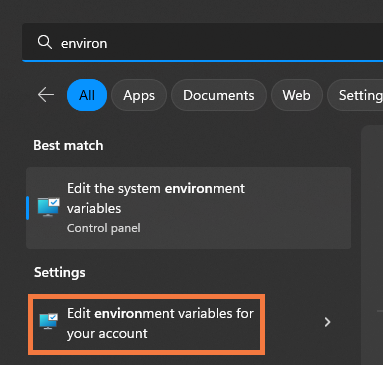 Windows account variables menu item